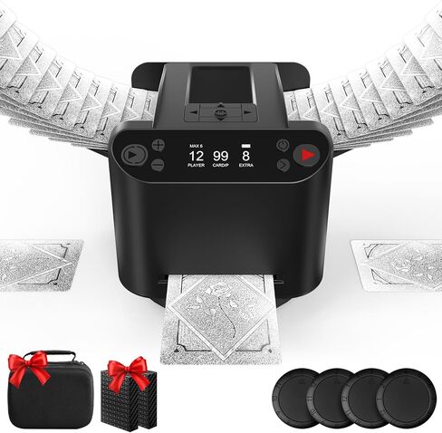 مجموعة موزع البطاقات الأوتوماتيكية مع طابقين وحقيبة حمل، آلة خلط البطاقات القابلة لإعادة الشحن 3 في 1 مع 4 أجهزة تحكم عن بعد، التعامل 360 درجة/180 درجة، تدعم 12 لاعبًا لـ UNO، Skip-Bo، Texas Hold'em in Kuwait
