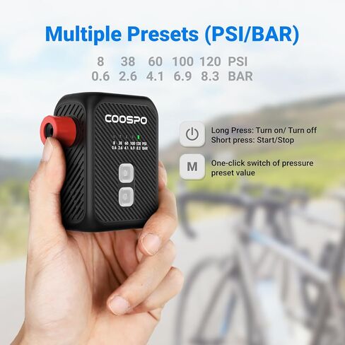 CooSpo Mini Electric Bike Pump, Max 120 PSI, Multiple Presets Available, Auto Shut-Off Air Pump with Presta/Schrader Valves for All Bicycles, Ball, Car Accessories in Kuwait