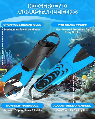 Aegend Snorkeling Gear for Kids Youth - Anti-Fog Diving Mask, Adjustable Fins & Dry Snorkel, Full Snorkel Kit for Snorkeling, Diving, Scuba Diving & Swimming in Saudi Arabia