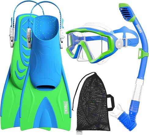 Aegend Snorkeling Gear for Kids Youth - Anti-Fog Diving Mask, Adjustable Fins & Dry Snorkel, Full Snorkel Kit for Snorkeling, Diving, Scuba Diving & Swimming in Saudi Arabia