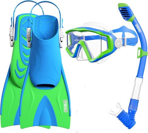 Aegend Snorkeling Gear for Kids Youth - Anti-Fog Diving Mask, Adjustable Fins & Dry Snorkel, Full Snorkel Kit for Snorkeling, Diving, Scuba Diving & Swimming in Saudi Arabia