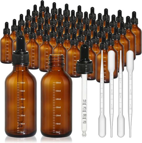 48 Pack 2oz Dark Amber Dropper Bottles with Measurement, 60ml Leakproof Tincture Bottles with Eye Dropper for Essential Oils, Perfume, Hair Oil, Liquids in Saudi Arabia