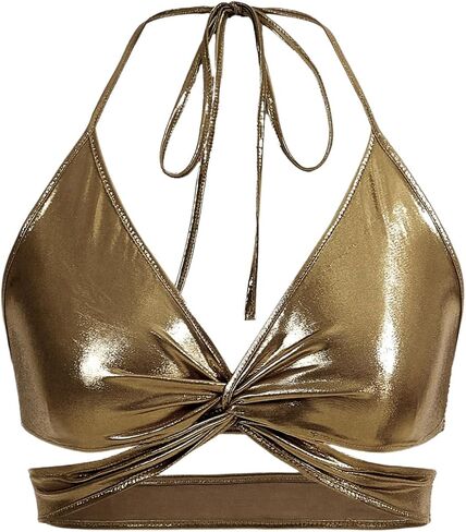 Oyoangle Women's Metallic Twist Front Halter Tops Deep V Neck Wrap Backless Crip Cami Top in Kuwait