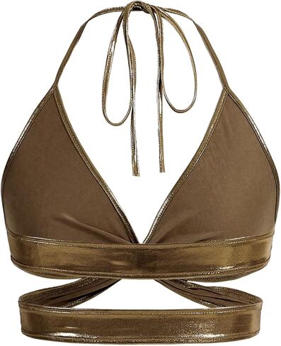 Oyoangle Women's Metallic Twist Front Halter Tops Deep V Neck Wrap Backless Crip Cami Top in Kuwait