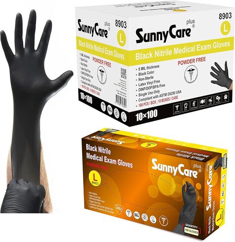 قفازات الفحص الطبي من SunnyCare 5.0 Mil 8903 من النتريل الأسود بدون مسحوق مقاس كبير: 1000 قطعة/صندوق كبير، 100 قطعة/صندوق، 10 صناديق/صندوق in Kuwait