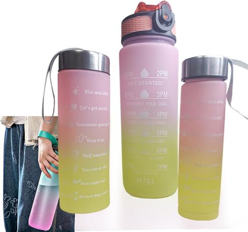 3-in-1 Stackable Water Bottle Set (1000ml/600ml/300ml) with Time Markings, Motivational Quotes, Leak-Proof, BPA-Free, for Sports, Gym, and Daily Hydration (Blue) in Kuwait