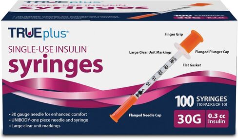 TRUEplus Single-Use Insulin Syringes, 30G 0.3cc 5/16 Inch Needle Length, 100 Count (10 Packs of 10) in Kuwait