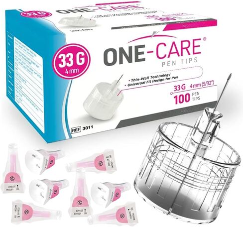 ONE-CARE Pen Tips 33G x 4 mm (5/32") – Ultra-Fine Design, Thin-Wall Flow Technology, Universal Twist-On Fit, Individually Sealed, 100 Count in Kuwait