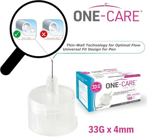 ONE-CARE Pen Tips 33G x 4 mm (5/32") – Ultra-Fine Design, Thin-Wall Flow Technology, Universal Twist-On Fit, Individually Sealed, 100 Count in Kuwait