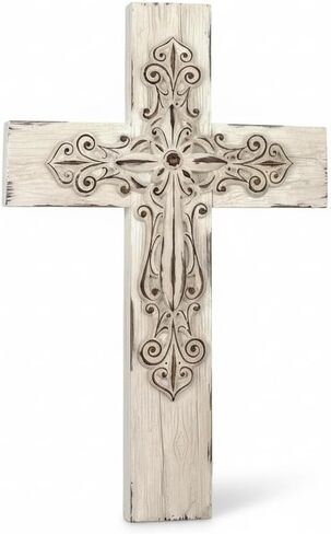 Comfy Hour White Wood Handmade Layered Cross 13", Antique Style, Art Wall Decor, Resin, Faith and Hope Collection in Saudi Arabia