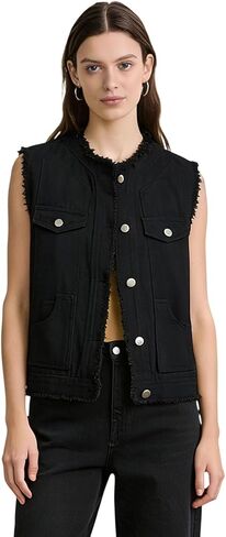 Women's Sleeveless Denim Vest O Neck Button Down Jean Waistcoat Jacket in Kuwait