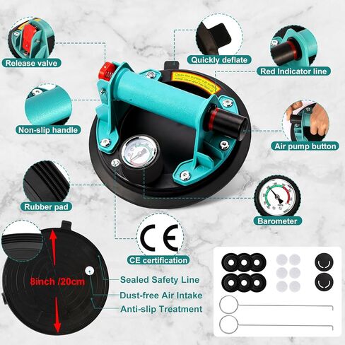 Wayona 2 حزمة من أكواب الشفط شديدة التحمل للنوافذ الزجاجية، أداة يدوية لشفط البلاط مقاس 8 بوصات مع مقياس ضغط جوي، سعة رفع 882 رطلًا للزجاج والسيراميك الكبير، معتمدة من CE in Kuwait