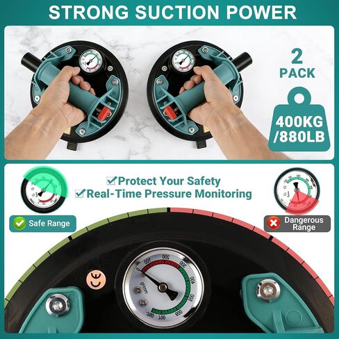 Wayona 2 حزمة من أكواب الشفط شديدة التحمل للنوافذ الزجاجية، أداة يدوية لشفط البلاط مقاس 8 بوصات مع مقياس ضغط جوي، سعة رفع 882 رطلًا للزجاج والسيراميك الكبير، معتمدة من CE in Kuwait