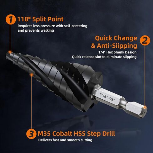 1/4"-3/4" Step Drill Bit for Metal, Four Spiral Flute M35 Cobalt Drill Bit, 1/4" Hex Shank Quick Change Unibit Step Bits for Stainless Steel, Copper, Aluminum, Wood, Plastic in Saudi Arabia