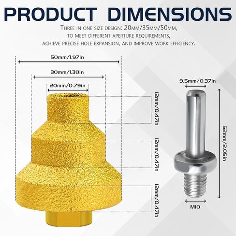 قطعتان من رؤوس المثقاب الأساسية الماسية 3 في 1 - فتاحة فتحات 20 مم/ 35 مم/ 50 مم مع خيط M10 وقضيب تحويل للرخام والبلاط والخرسانة والجرانيت والكوارتزيت in Kuwait