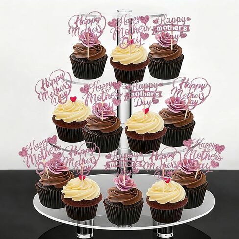 60pcs قبعات عيد ميلاد عيد أم سعيد ، Glitter Hollow Heart Love Mother Birthday Cupcake لخزات ديكورات Coupake للحفلات ، الوردي in Kuwait