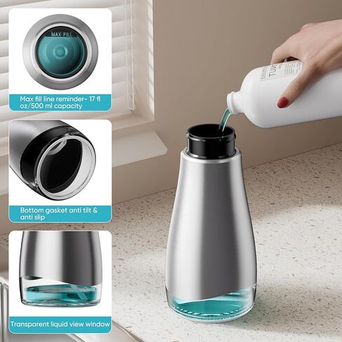 Oasis Creations 500 mL /17fl.oz Stainless Steel Liquid Soap Dispenser for Dish and Hand Soap - Two Toned Silver and Black - Refillable - Great for Kitchen Bathroom or Countertop in Saudi Arabia