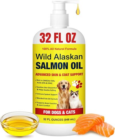 Salmon Oil for Dogs & Cats, 32oz. Omega 3 & 6 Liquid Fish Oil, Vitamin D, EPA + DHA Fatty Acids for Skin & Coat Joint Supplement, Helps Dry Skin & Allergies, Add to Food, with 2 Pumps in Kuwait