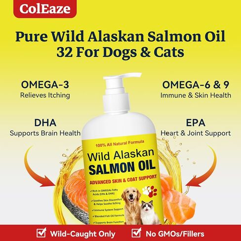Salmon Oil for Dogs & Cats, 32oz. Omega 3 & 6 Liquid Fish Oil, Vitamin D, EPA + DHA Fatty Acids for Skin & Coat Joint Supplement, Helps Dry Skin & Allergies, Add to Food, with 2 Pumps in Kuwait