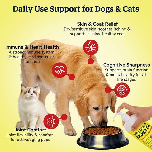 Salmon Oil for Dogs & Cats, 32oz. Omega 3 & 6 Liquid Fish Oil, Vitamin D, EPA + DHA Fatty Acids for Skin & Coat Joint Supplement, Helps Dry Skin & Allergies, Add to Food, with 2 Pumps in Kuwait