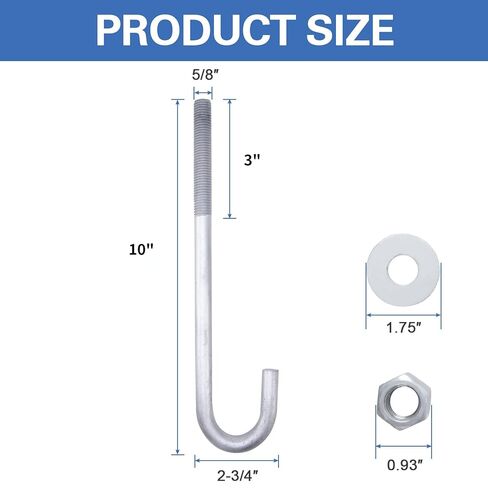 5/8" x 10" J Bolt Anchors (10 Pack) for Concrete with Nuts and Washers, Hot-Dip Galvanized in Kuwait