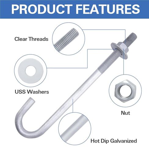 5/8" x 10" J Bolt Anchors (10 Pack) for Concrete with Nuts and Washers, Hot-Dip Galvanized in Kuwait