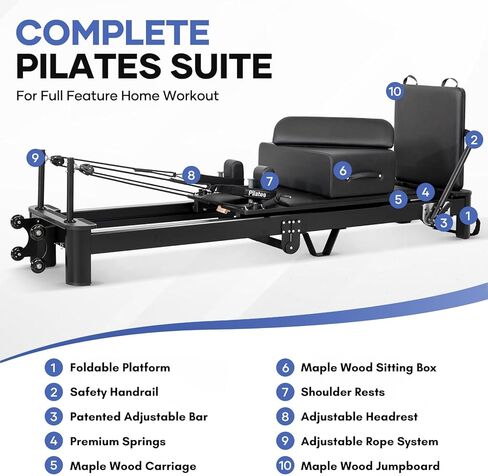 Ultra3.0 Foldable Pilates Reformer Machine, Aluminum Pilates Equipment, Wooden Extended Pilates Machine with Sitting Box, Jump Board and Springs for Home and Studio in Saudi Arabia