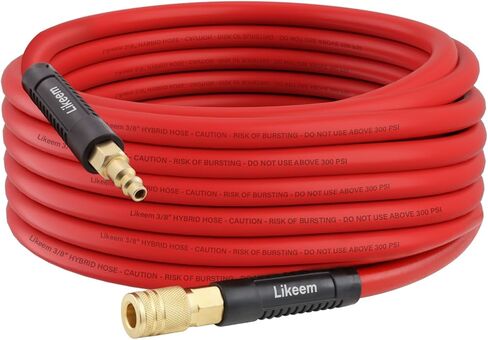 25FT Hybrid Air Hose, 3/8-Inch Air compressor Hose,300 PSI Compressor Air Hose,All-Weather Flexibility with 1/4-Inch Brass Male Fittings, Bend Restrictors in Kuwait