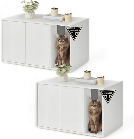 SONGMICS HOME Superfast Toolless Assembly, Cat Litter Box Enclosure, Cat House, for Large Cats, Push-to-Open Doors, Display Side Table, Coffee Table, Minimalist Modern, Snow White UPCL013W01 in Kuwait