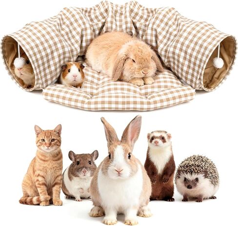 Bunny Tunnel Bed, 2-in-1 Collapsible Tunnel Tubes Rabbit Toys, Bunny Hideout with Removable Bed Mat for Cats, Kittens, Rabbits, Ferrets, Guniea Pigs in Kuwait