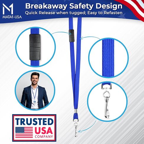 Mata1-USA Flat Safety Lanyard, Detachable ID Lanyards (Blue, 36 Inch, 100 Pack, Polypropylene), Comfort Woven Lanyard for ID Badges in Kuwait