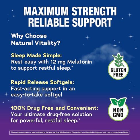 Natural Vitality Melatonin Softgels | 12mg Maximum Strength Supplement | 100% Drug Free | 120 Count in Kuwait