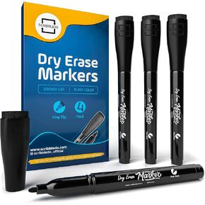 Scribbledo 4 Pack Dry Erase Markers Fine Tip Black Color Low Odor Whiteboard Markers with Eraser Cap