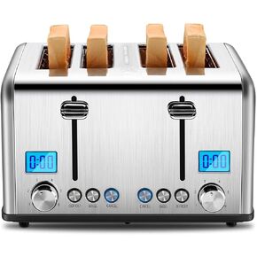 4 Slice Toaster, Roter Mond Countdown Stainless Steel Toaster with Bagel, Defrost, Cancel Function, Dual Toaster Extra Wide Slots, 6 Bread Shade Settings Bread Toaster, Removable Crumb Trays, 1650W