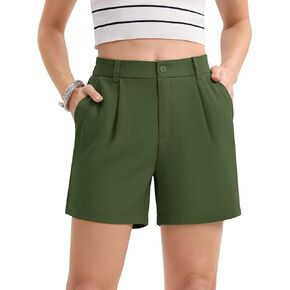 MAGCOMSEN Summer Casual Shorts for Women Pleated Straight Leg Shorts Elastic Waist Mid Rise Shorts with Pockets