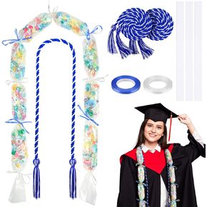 Teling 8 قطع Graduation Leis Candy Graduation Candy Lei Kit Candy Lei Tubing Lei Make Kit 4.92 قدم حقيبة PE طويلة مع 3 قطع سلك شرف و2 شريط لف لمستلزمات الحفلات 2024 (أزرق، أبيض)