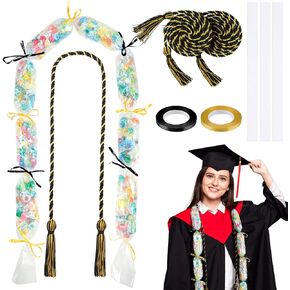Teling 8 Pcs Graduation Leis Candy Graduation Candy Lei Kit Candy Lei Tubing Lei Making Kit 4.92 Feet Long PE Bag with 3 Pcs Honor Cord and 2 Rolls Ribbon for 2024 Party Supplies(Blue, White)