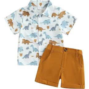Toddler Boys Dress Clothes Kids Animal Print Button Down Shirt Solid Color Shorts Boys Summer Gentleman Suit Outfit