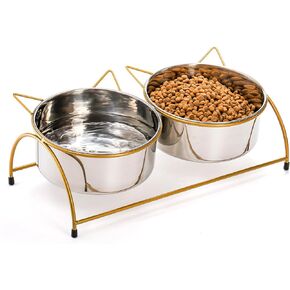 Elevated Cat Bowls, 15°Tilted Raised Metal Pets Feeder, Whisker Friendly Cat Food Feeding Station, Anti Vomit Non-Slip Waterer Stand for Small Dogs, Indoor Puppy, Golden
