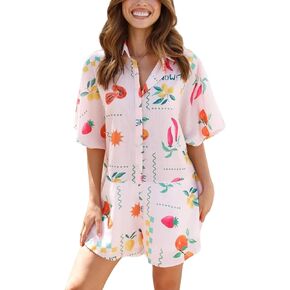 Womens Summer Casual Floral Print Short Sleeve Button Down Shorts Rompers V Neck Collared Boho Jumpsuit in Kuwait