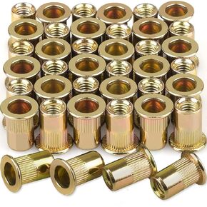 100Pcs 1/4''-20 Rivet Nuts Carbon Steel Flat Head Rivnut Threaded Insert Nut, Flat Head Knurled Body