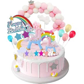 Unicorn Party Cake Topper Kit with 2 Unicorns Sculpture, Rainbow Balls Cloud for Unicorn Birthday Party Supplies