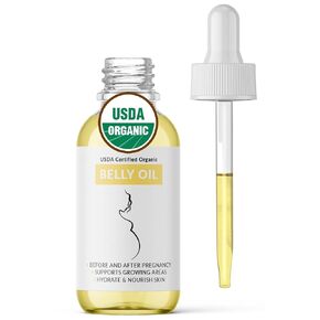 Organic Belly Oil - Certified USDA Organic Nutrient Rich Body Oil For Growing Areas, Scars & Stretchmarks - Maternity, Pregnancy, Post Partum & On - 1 Fl Oz Glass & Dropper