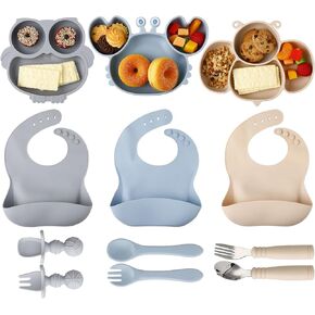 مجموعة مكونة من 3 قطع من أدوات تغذية الأطفال المصنوعة من السيليكون، وألواح شفط للطفل، وألواح سيليكون مع مقسمة بالشفط، ومجموعة مريلة شوكة ملعقة للأطفال لأطباق وأواني الأطفال، باللون البني والأزرق والرمادي in Kuwait