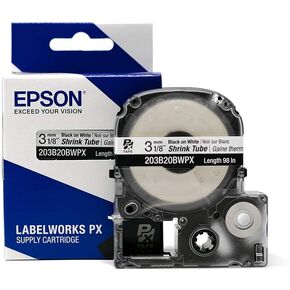Epson LABELWORKS 203B20BWPX Tape Cartridge - Black on White Shrink Tube Industrial Label Maker Tape - AWG 14-22, 1/8" (3MM) Wide, 8 ft (98")
