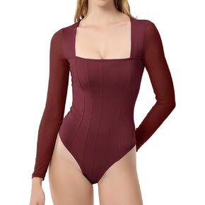 Long Sleeve Bodysuits for Women Square Neck Body Suits Sexy Mesh Sheer Bodysuit Going Out Shirts Y2K Tops