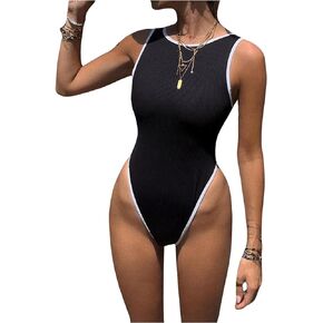 Floerns Women's Sleeveless Color Block Round Neck Rib Knit Tank Bodysuits Top