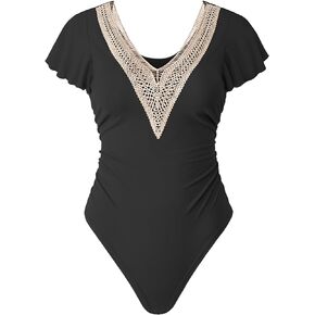 Women's Short Sleeve Bodysuit Lace Date Night Tops Dressy Ruffle T Shirt Bodysuit Blouse
