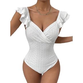 OYOANGLE Women's Eyelet Embroidery Ruffle Trim Wrap V Neck Bodysuits Backless Cap Sleeve Bodysuit Tops