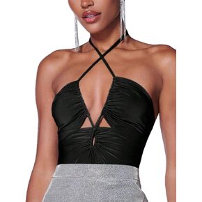MakeMeChic Women's Ruched Criss Cross Halter Sleeveless Tie Back Cut Out Bodysuit Shirts Tops